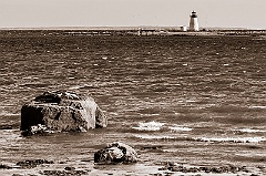 Bird Island Lighthouse in Shallow Waters - Sepia Tone